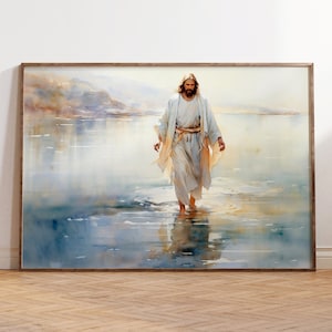 Jesus Walking on Water, Jesus Picture, Jesus Painting, Jesus Art, Christian Wall Art, Christ&#39;s Embrace, Laughing Christ, Jesus Watercolor