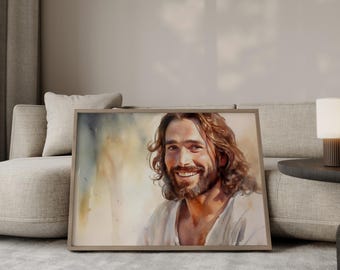 Smiling Jesus Christ Watercolor Painting: Religious Wall Art (Digital Download)