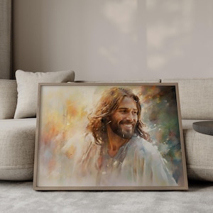Smiling Jesus Christ Portrait: Christian Watercolor Art Poster