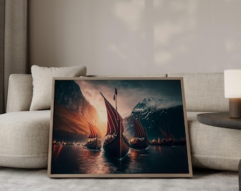Póster de barco vikingo: Impresión artística de mitología nórdica
