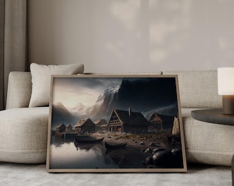 Snowy Viking Village Print: Norse Mythology Wall Decor