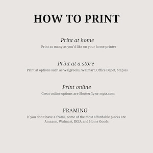 May include: A cream-colored informational graphic with the title "HOW TO PRINT" in a bold, black font. The graphic provides instructions for printing at home, at a store, and online, along with framing suggestions.
