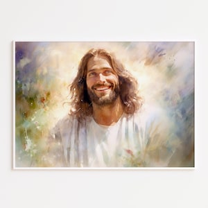 Smiling Jesus Christ Watercolor Painting: Religious Wall Art (Digital Download)