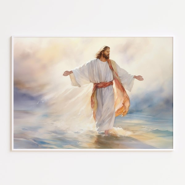 Jésus marchant sur l'eau, image de Jésus, peinture de Jésus, art de Jésus, art mural chrétien, étreinte du Christ, riant du Christ, aquarelle de Jésus