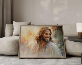 Smiling Jesus Christ Watercolor Painting - Christian Wall Art (Digital Download)