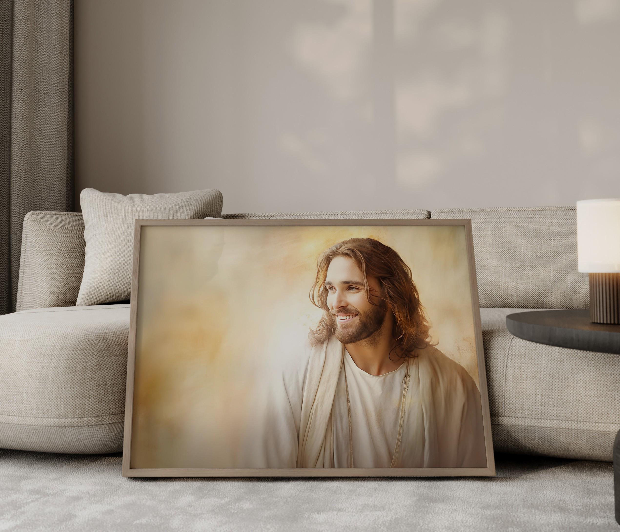 微笑むイエス・キリストの肖像画：キリスト教の壁画（デジタル