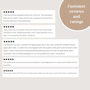 May include: A tan background with the text "Customer reviews and ratings." Below are customer reviews with star ratings. One review mentions a 60 inch x 40 inch art print.