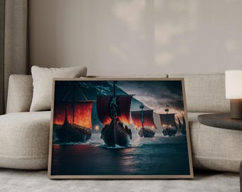 Póster de barco vikingo: arte mural de mitología nórdica