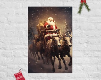 Weihnachts Poster: Festlicher Weihnachtsmann mit Rentieren am Heiligabend| Vintage Weihnachtsdekoration