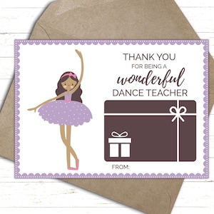 Printable Dance Teacher Thank You Card | Gift Card Holder | Dance Teacher Appreciation | Dance Teacher Gift  |  Ballet Teacher Gift