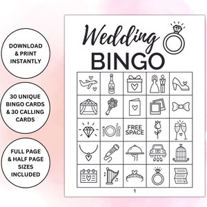 30 afdrukbare bingokaarten met bruiloftthema | Bingospel vrijgezellenfeest | Activiteit met bruiloftsthema | Spel voor huwelijksdouche