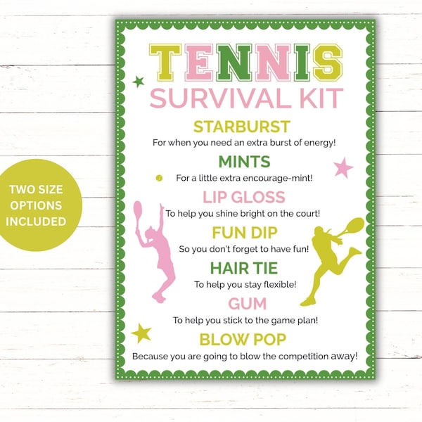 Printable Tennis Survival Kit | Tennis Player Gift Idea| Tennis Team Gift Bag Idea | Tennis Team Goodie Bags | Tennis Game Day Gift