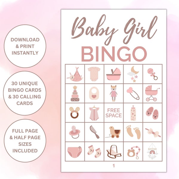 30 Printable Baby Girl Themed Bingo Cards | Baby Shower Games | Baby Girl Party Activity