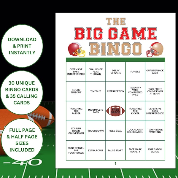 30 Printable Football Themed Bingo Cards | Football Watch Party Game | Big Game Bingo | Game Day Party
