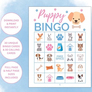 30 cartes de bingo imprimables sur le thème des chiots | Jeux de société pour chiots | Activité de fête sur le thème des chiens