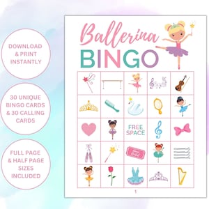 30 carte bingo stampabili a tema ballerina/giochi per feste con ballerina/attività per feste a tema balletto