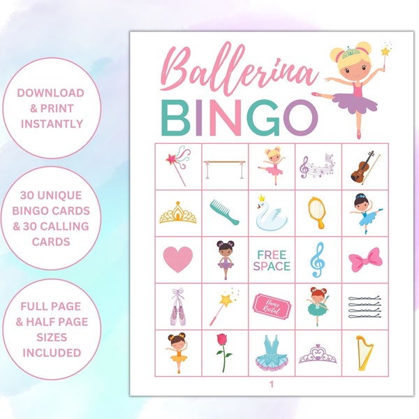 30 Printable Ballerina Themed Bingo Cards | Ballerina Party Games | Ballet Themed Party Activity