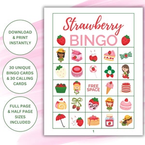 30 cartes de bingo imprimables sur le thème des fraises | Jeux de société doux aux baies | Jeu de société Sweet One Fraise