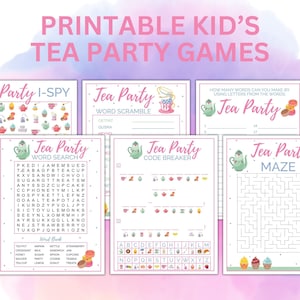 May include: Printable tea party games for kids. The games include I-Spy, word search, word scramble, code breaker, and a maze. The games are decorated with teacups, teapots, and other tea party themed items.
