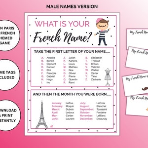 Jogo para imprimir Qual é o seu nome em francês - Versão de nomes masculinos | Jogo de festa com tema de Paris | Jogo do Nome de Paris |