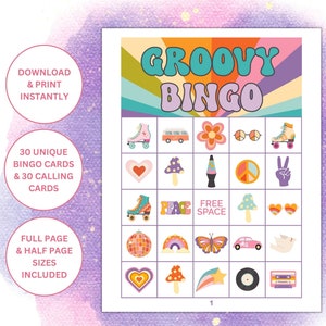 30 Printable Groovy Themed Bingo Cards | Retro Party Games | Retro 70s Theme