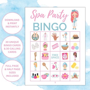 30 cartes de bingo sur le thème de la fête au spa imprimables | Jeux de fête au spa | Jeux de soirée pyjama