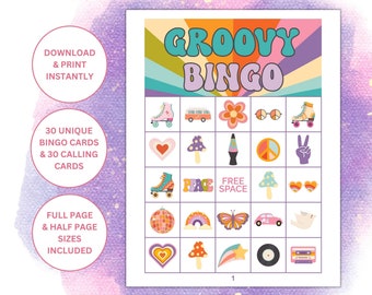 30 Printable Groovy Themed Bingo Cards | Retro Party Games | Retro 70s Theme