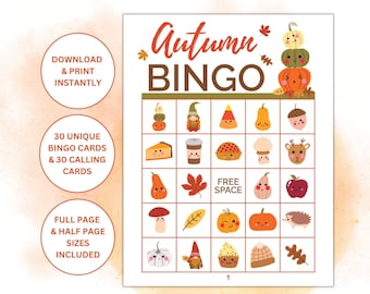 30 Printable Autumn Bingo Cards | Fall Bingo for Kids | Fall Classroom Game | Family Game | Fall Party | Printable Fall Activities