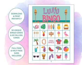 May include: A printable Luau Bingo game with 30 unique bingo cards and 30 calling cards. The bingo card features images of Hawaiian themed items like pineapples, leis, and surfboards.
