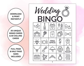 30 Wydrukowanych Kart Bingo o Tematyce Ślubnej | Gra Bingo na Wieczór Panieński | Aktywność o Tematyce Ślubnej | Gra na Wieczór Panieński