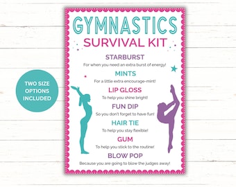 May include: A pink and teal printable sign with the text "Gymnastics Survival Kit" and a list of items, including Starburst, mints, lip gloss, fun dip, hair tie, gum, and blow pop. The sign features two silhouettes of gymnasts in different poses.
