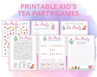 May include: Printable tea party games for kids. The games include I-Spy, word search, word scramble, code breaker, and a maze. The games are decorated with teacups, teapots, and other tea party themed items.