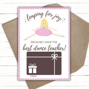 Printable Dance Teacher Thank You Gift Card Holder | Dance Teacher Appreciation | Dance Teacher Gift  |  Ballet Teacher Gift