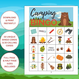 30 cartes de bingo de camping imprimables | Bingo de camping pour enfants | Jeux de camping en famille | Soirée à thème de camping | Activités de camping imprimables