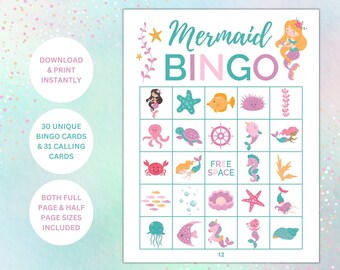 Mermaid Bingo Game| Mermaid Party Printable Game | Under the Sea Party | Kids Bingo Game | Kids Party Games | 30 Bingo Cards