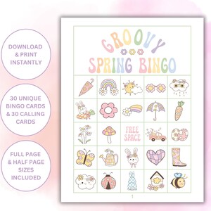 30 Printable Groovy Spring Bingo Cards | Retro Spring Bingo for Kids | Spring Party Game | Spring Activity for Kids | Spring Games