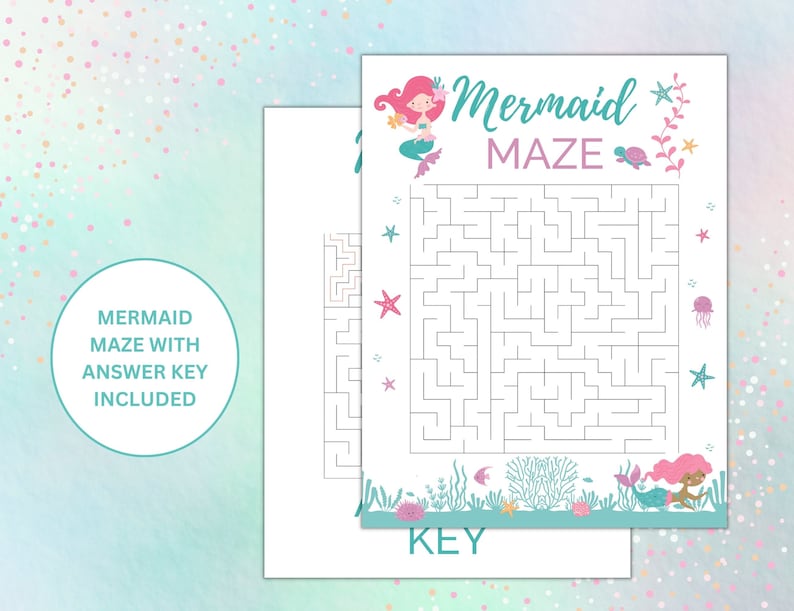 May include: A printable mermaid maze activity sheet with an answer key. The maze features a mermaid with pink hair and a turquoise tail swimming through a maze of lines. The sheet has a turquoise and pink color scheme with a border of sea life, including starfish, seashells, and coral.