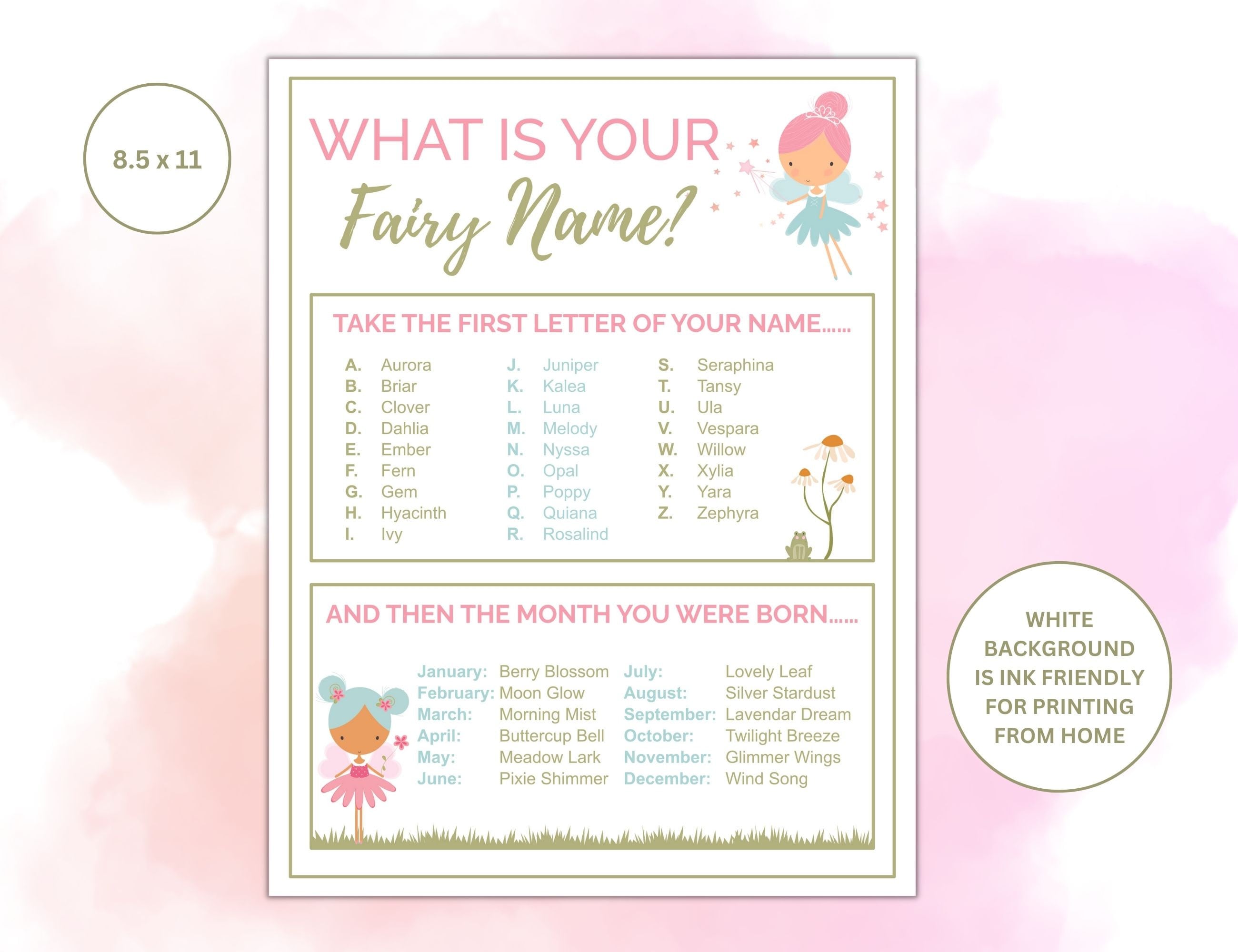 What is Your Fairy Name Printable Game Fairy Themed Party Game Fairy