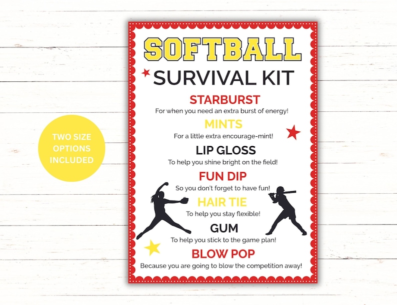 Printable Softball Survival Kit Softball Player Gift Idea Softball Team