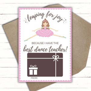 Printable Dance Teacher Thank You Gift Card Holder | Dance Teacher Appreciation | Dance Teacher Gift  |  Ballet Teacher Gift
