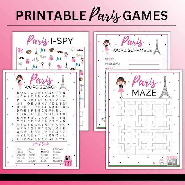 Printable Paris Games | Paris Activity Set | Paris Party Games | Paris Games Bundle