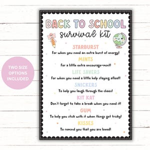 Printable Back to School Survival Kit | Teacher Survival Kit| Staff Survival Kit | Back to School Goody Bag | Candy Gift Tags | Goodie Bag