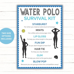 Kit de sobrevivência para meninas de polo aquático para impressão | Ideia de presente para polo aquático | Ideia de bolsa de presente para equipe de polo aquático | Etiqueta de guloseimas para polo aquático | Bolsa de brindes para polo aquático