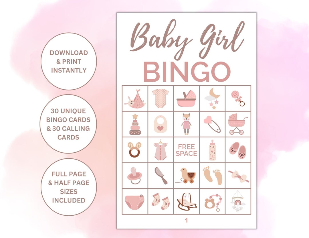 30 Printable Baby Girl Themed Bingo Cards | Baby Shower Games | Baby ...