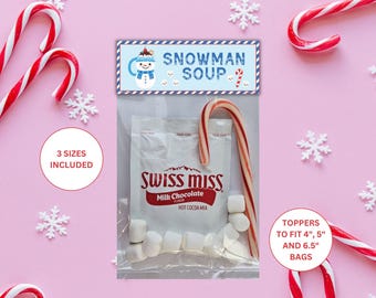 Adorno para bolsa de golosinas de sopa de muñeco de nieve/Etiqueta para sopa de muñeco de nieve/Recuerdos de chocolate caliente/Recuerdos de fiesta en el aula/Recuerdos de chocolate caliente