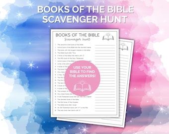 May include: Two white printable pages with a "Books of the Bible Scavenger Hunt" theme. The pages have a list of questions and prompts. The text "Use your Bible to find the answers!" is in a pink circle. The background is a watercolor wash of blue, pink, and purple.