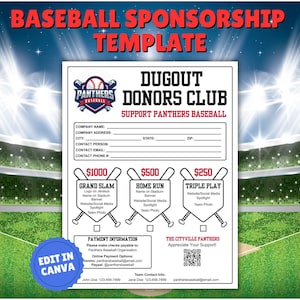 May include: Baseball sponsorship template with a baseball field background. The template includes a "Dugout Donors Club" form with donation levels and sponsor benefits. The text "Edit in Canva" is in the lower left corner.
