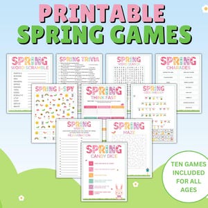 May include: A collection of ten printable spring games, including word scrambles, trivia, word searches, charades, I-spy, think fast, code breaker, and a maze. The games are designed for all ages and feature colorful spring-themed graphics.