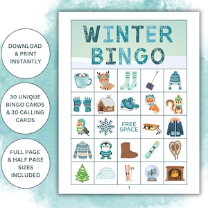 30 afdrukbare bingokaarten met winterthema | Winterfeestspellen | Winterschoolklasfeestbingo | Winteractiviteit voor kinderen