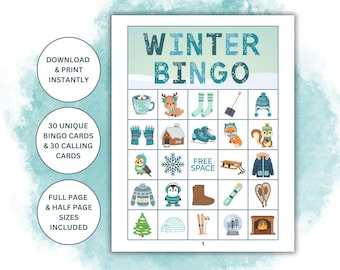 30 Printable Winter Themed Bingo Cards | Winter Party Games | Winter School Classroom Party Bingo | Kids Winter Activity